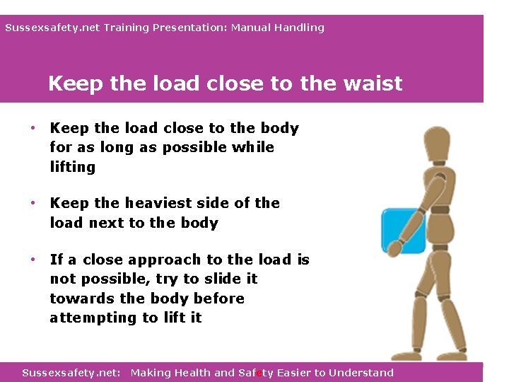 Sussexsafety. net Training Presentation: Manual Handling Keep the load close to the waist •
