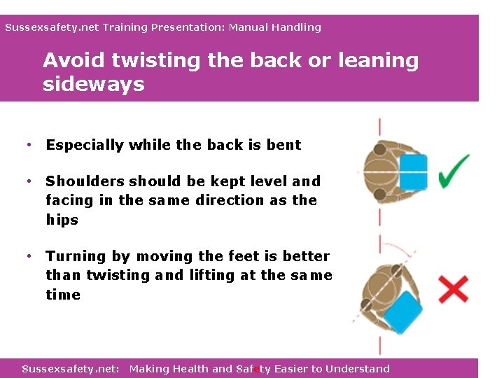 Sussexsafety. net Training Presentation: Manual Handling Avoid twisting the back or leaning sideways •