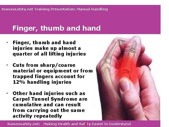 Sussexsafety. net Training Presentation: Manual Handling Finger, thumb and hand • Finger, thumb and