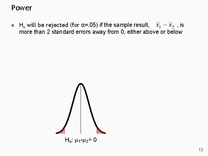 Power n Ho will be rejected (for α=. 05) if the sample result, , Power n Ho will be rejected (for α=. 05) if the sample result, ,