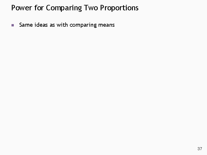 Power for Comparing Two Proportions n Same ideas as with comparing means 37 Power for Comparing Two Proportions n Same ideas as with comparing means 37