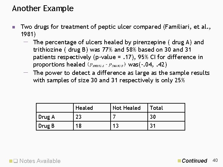 Another Example n Two drugs for treatment of peptic ulcer compared (Familiari, et al. Another Example n Two drugs for treatment of peptic ulcer compared (Familiari, et al.