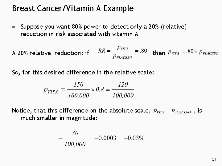 Breast Cancer/Vitamin A Example n Suppose you want 80% power to detect only a Breast Cancer/Vitamin A Example n Suppose you want 80% power to detect only a