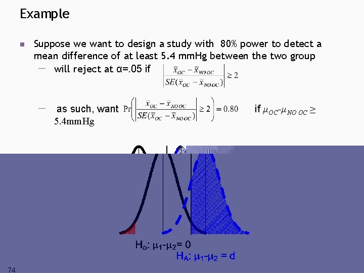 Example n Suppose we want to design a study with 80% power to detect Example n Suppose we want to design a study with 80% power to detect