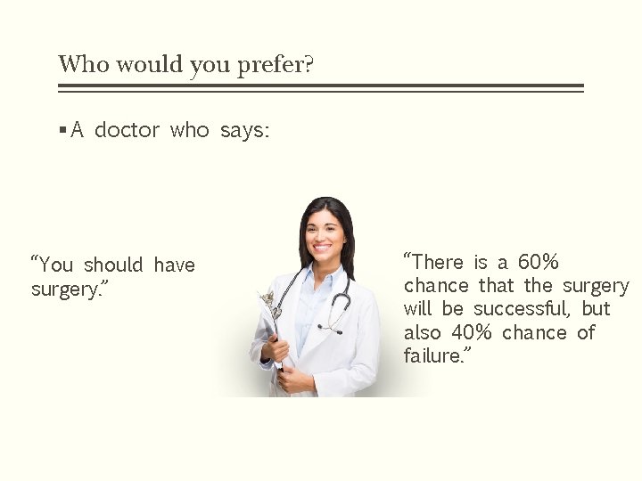 Who would you prefer? § A doctor who says: “You should have surgery. ”