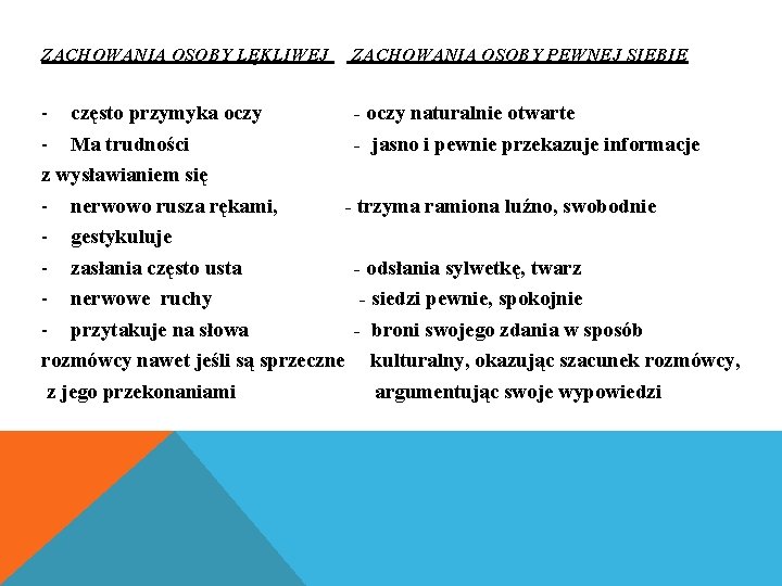 ZACHOWANIA NIEWERBALNE W ZALEŻNOŚCI OD NASTAWIENIA ZACHOWANIA OSOBY LĘKLIWEJ ZACHOWANIA OSOBY PEWNEJ SIEBIE ROZMÓWCY