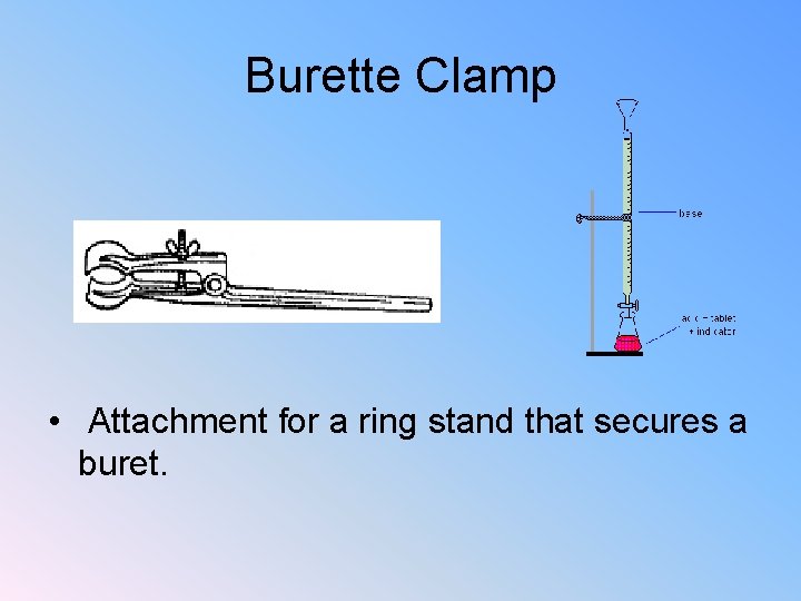 Burette Clamp • Attachment for a ring stand that secures a buret. 