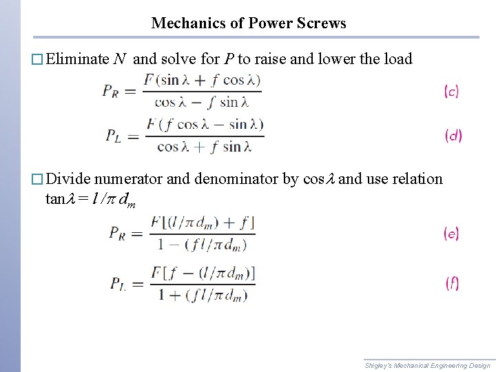 Mechanics of Power Screws � Eliminate N and solve for P to raise and