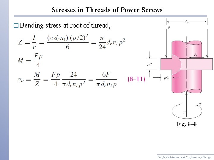 Stresses in Threads of Power Screws � Bending stress at root of thread, Fig.