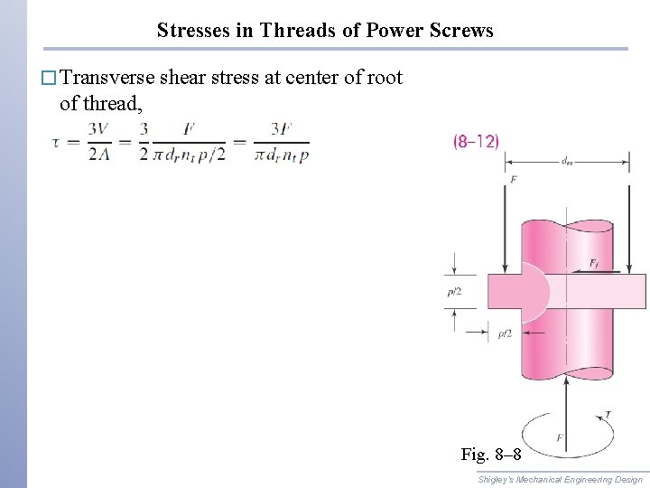 Stresses in Threads of Power Screws � Transverse shear stress at center of root