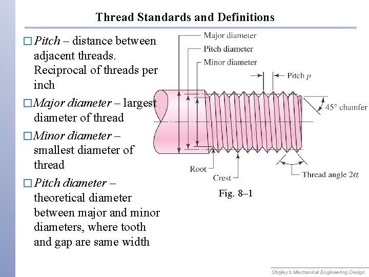 Thread Standards and Definitions � Pitch – distance between adjacent threads. Reciprocal of threads