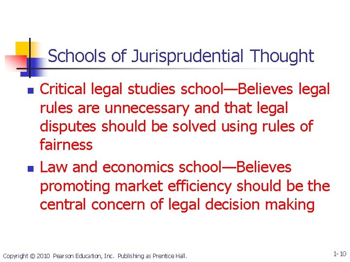 Schools of Jurisprudential Thought n n Critical legal studies school—Believes legal rules are unnecessary
