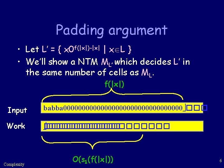 Padding argument • Let L’ = { x 0 f(|x|)-|x| | x L }