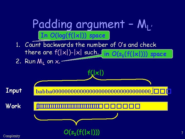 Padding argument – ML’ In O(log(f(|x|)) space 1. Count backwards the number of 0’s