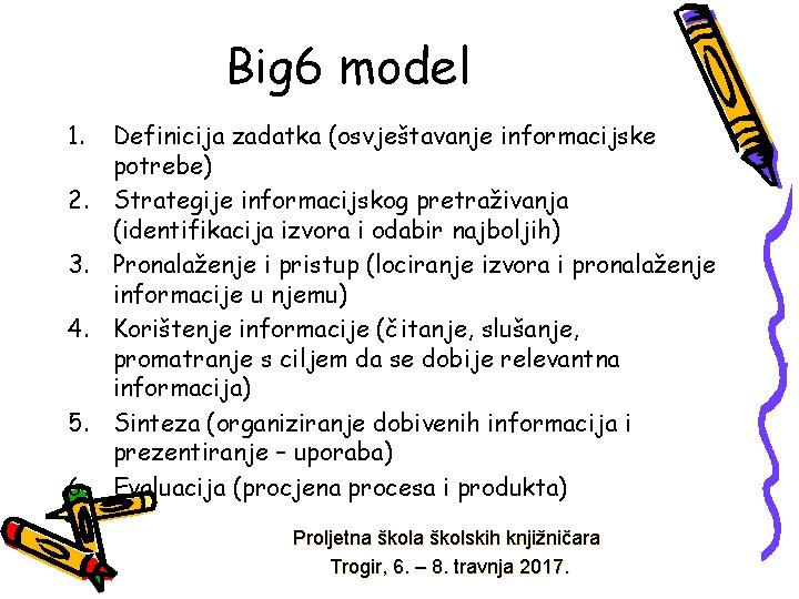 Big 6 model 1. 2. 3. 4. 5. 6. Definicija zadatka (osvještavanje informacijske potrebe)