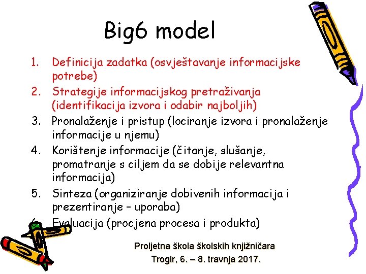 Big 6 model 1. 2. 3. 4. 5. 6. Definicija zadatka (osvještavanje informacijske potrebe)