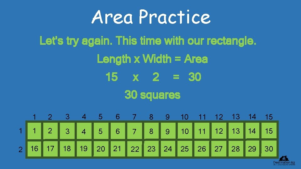 Area Practice Let’s try again. This time with our rectangle. Length x Width =