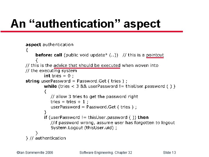 An “authentication” aspect ©Ian Sommerville 2006 Software Engineering. Chapter 32 Slide 13 