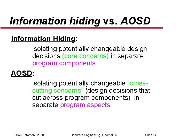 Information hiding vs. AOSD Information Hiding: isolating potentially changeable design decisions (core concerns) in