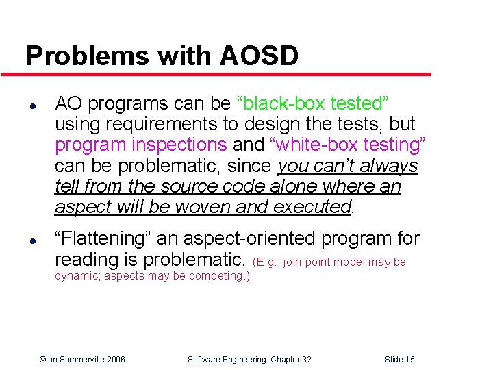 Problems with AOSD l l AO programs can be “black-box tested” using requirements to