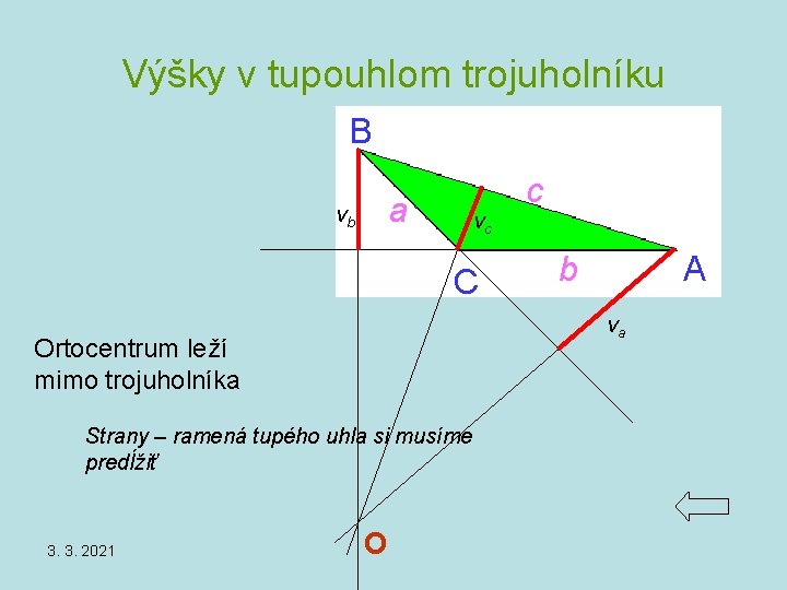 Výšky v tupouhlom trojuholníku B vb a vc C b A va Ortocentrum leží Výšky v tupouhlom trojuholníku B vb a vc C b A va Ortocentrum leží