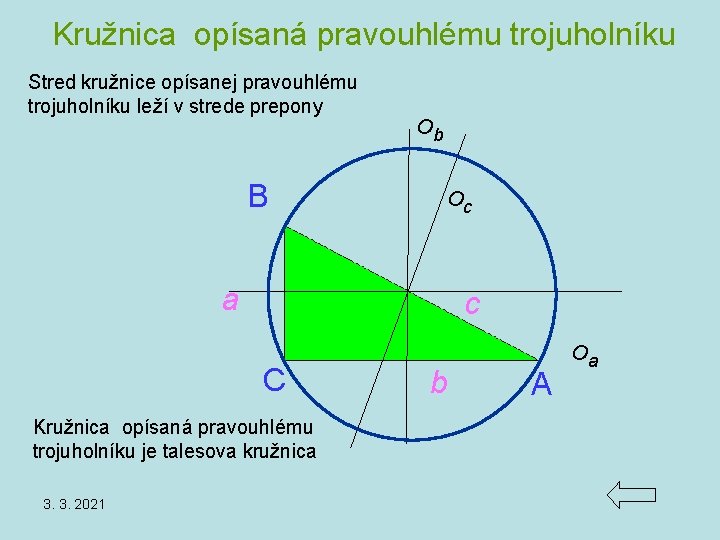 Kružnica opísaná pravouhlému trojuholníku Stred kružnice opísanej pravouhlému trojuholníku leží v strede prepony ob Kružnica opísaná pravouhlému trojuholníku Stred kružnice opísanej pravouhlému trojuholníku leží v strede prepony ob
