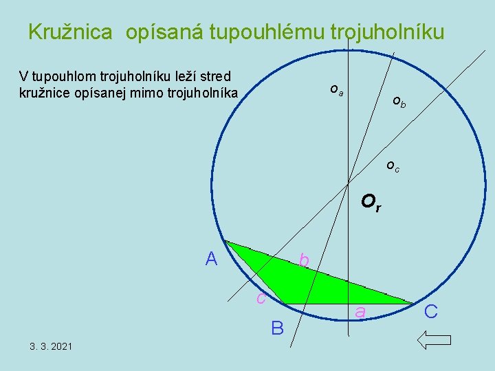 Kružnica opísaná tupouhlému trojuholníku V tupouhlom trojuholníku leží stred kružnice opísanej mimo trojuholníka oa Kružnica opísaná tupouhlému trojuholníku V tupouhlom trojuholníku leží stred kružnice opísanej mimo trojuholníka oa