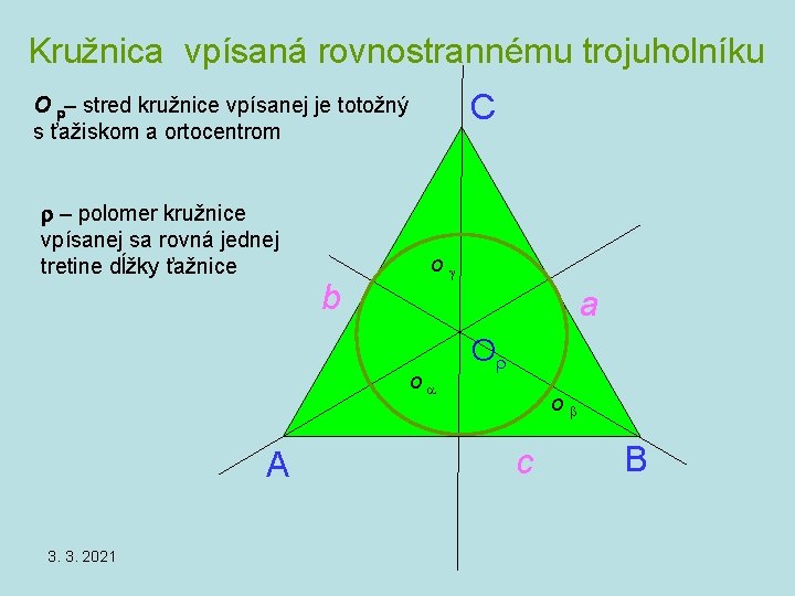 Kružnica vpísaná rovnostrannému trojuholníku C O – stred kružnice vpísanej je totožný s ťažiskom Kružnica vpísaná rovnostrannému trojuholníku C O – stred kružnice vpísanej je totožný s ťažiskom