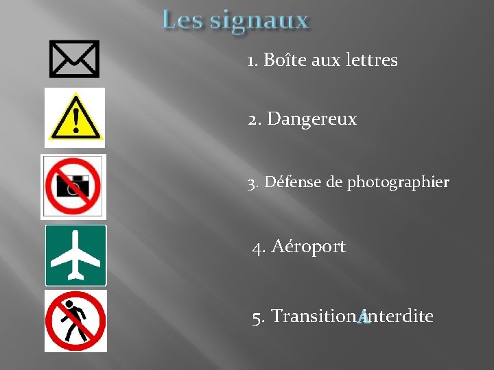 1. Boîte aux lettres 2. Dangereux 3. Défense de photographier 4. Aéroport 5. Transition