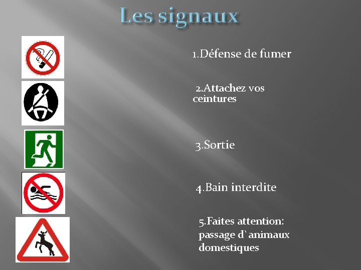 1. Défense de fumer 2. Attachez vos ceintures 3. Sortie 4. Bain interdite 5.