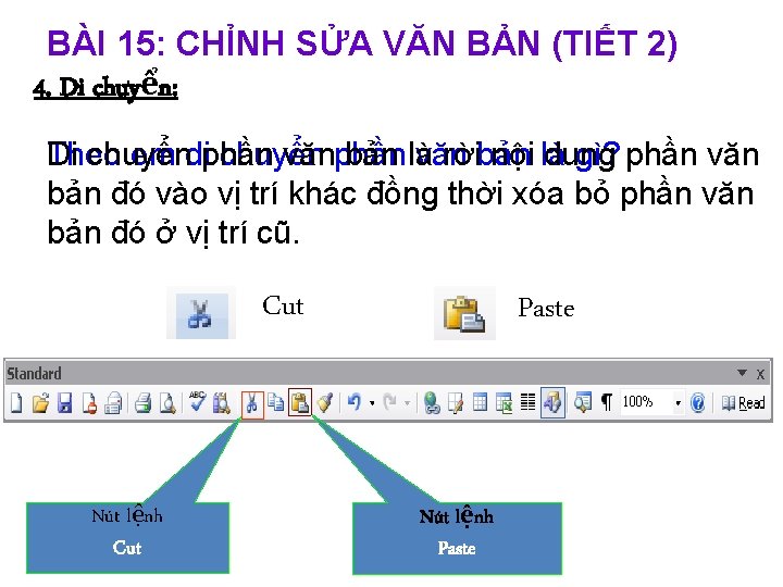 BÀI 15: CHỈNH SỬA VĂN BẢN (TIẾT 2) 4. Di chuyển: Theo em diphần