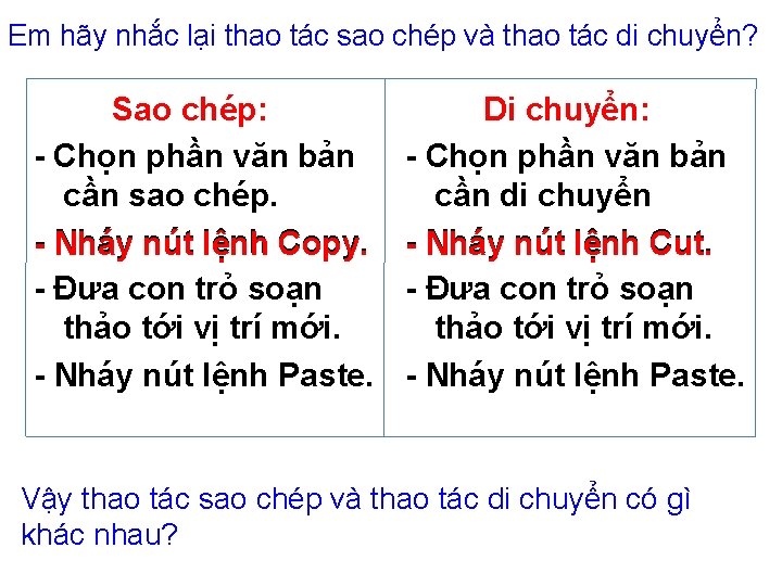 Em hãy nhắc lại thao tác sao chép và thao tác di chuyển? Sao