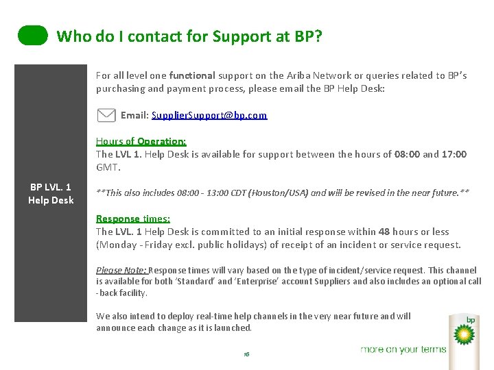 Who do I contact for Support at BP? For all level one functional support