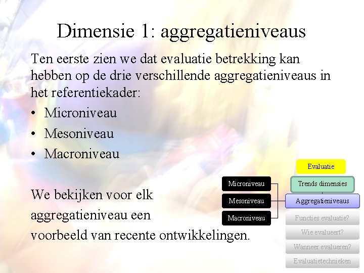 Dimensie 1: aggregatieniveaus Ten eerste zien we dat evaluatie betrekking kan hebben op de