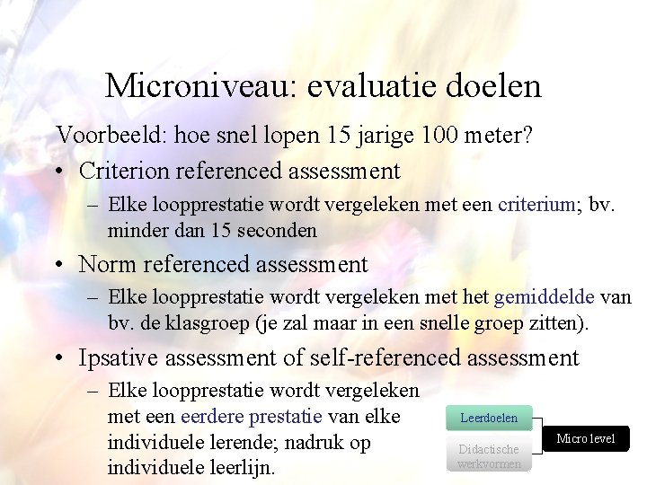 Microniveau: evaluatie doelen Voorbeeld: hoe snel lopen 15 jarige 100 meter? • Criterion referenced