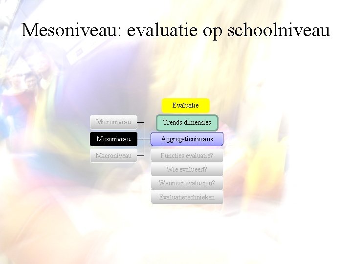 Mesoniveau: evaluatie op schoolniveau Evaluatie Microniveau Trends dimensies Mesoniveau Aggregatieniveaus Macroniveau Functies evaluatie? Wie