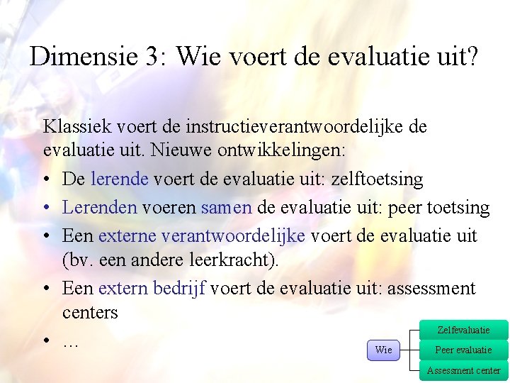 Dimensie 3: Wie voert de evaluatie uit? Klassiek voert de instructieverantwoordelijke de evaluatie uit.