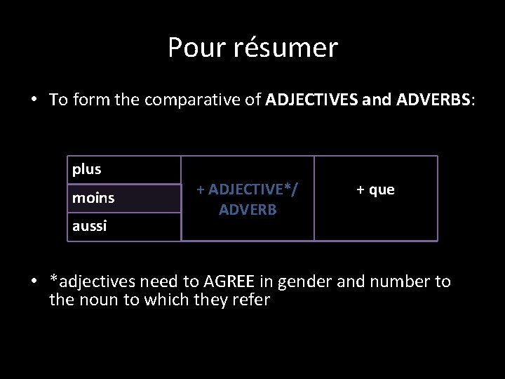 Pour résumer • To form the comparative of ADJECTIVES and ADVERBS: plus moins aussi