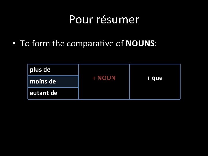 Pour résumer • To form the comparative of NOUNS: plus de moins de autant