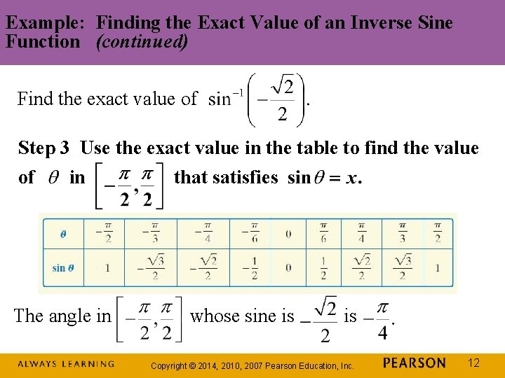Example: Finding the Exact Value of an Inverse Sine Function (continued) Find the exact