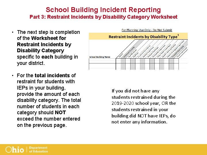 School Building Incident Reporting Part 3: Restraint Incidents by Disability Category Worksheet • The
