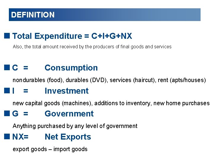 DEFINITION <Total Expenditure = C+I+G+NX Also, the total amount received by the producers of