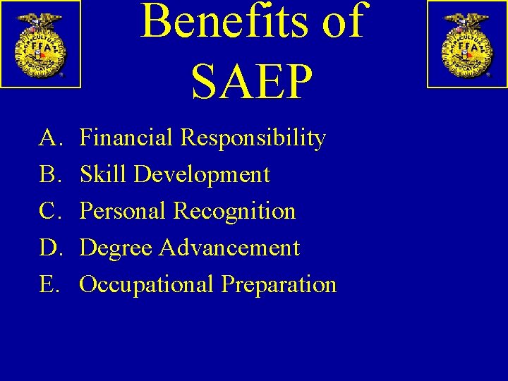 Benefits of SAEP A. B. C. D. E. Financial Responsibility Skill Development Personal Recognition