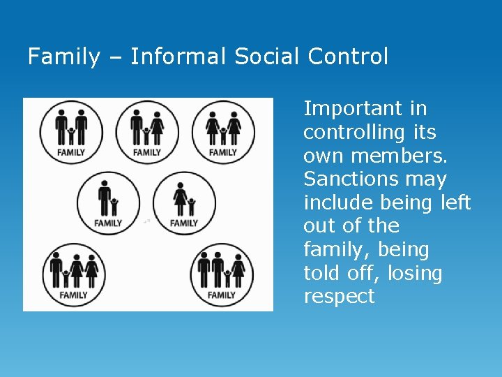 Family – Informal Social Control Important in controlling its own members. Sanctions may include