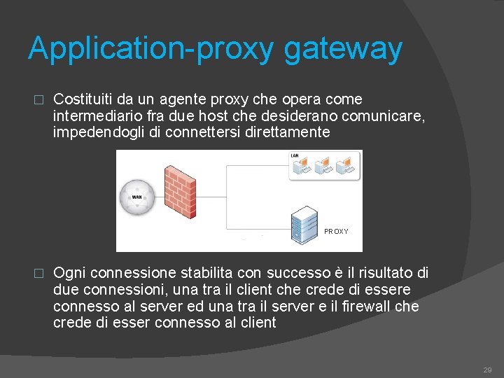 Application-proxy gateway � Costituiti da un agente proxy che opera come intermediario fra due