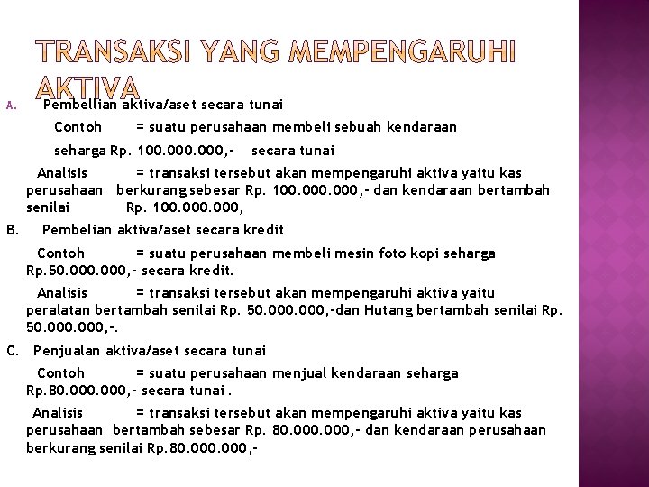 A. Pembellian aktiva/aset secara tunai Contoh = suatu perusahaan membeli sebuah kendaraan seharga Rp.