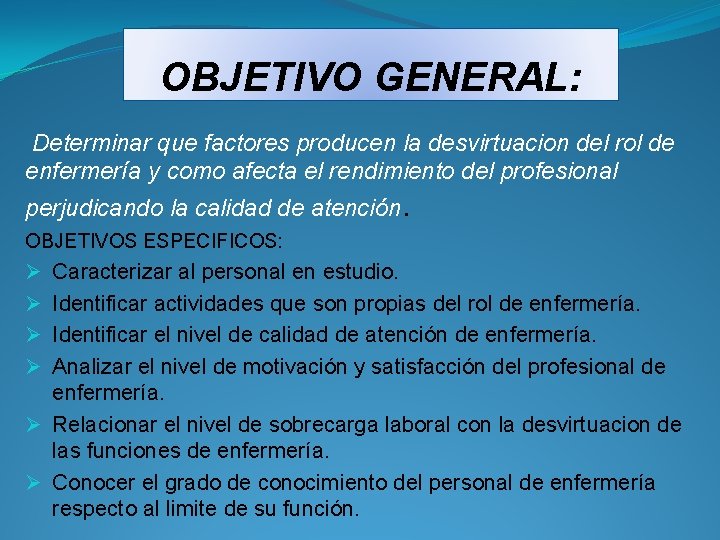 OBJETIVO GENERAL: Determinar que factores producen la desvirtuacion del rol de enfermería y como