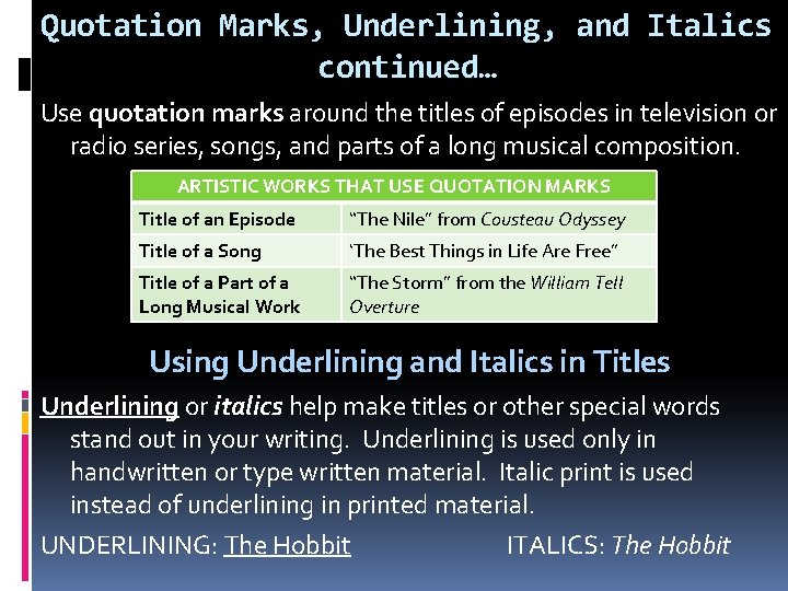 Quotation Marks, Underlining, and Italics continued… Use quotation marks around the titles of episodes