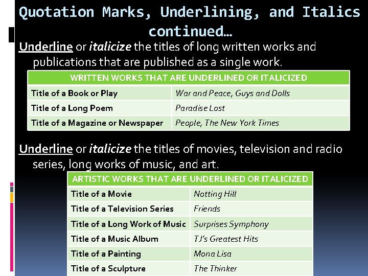 Quotation Marks, Underlining, and Italics continued… Underline or italicize the titles of long written