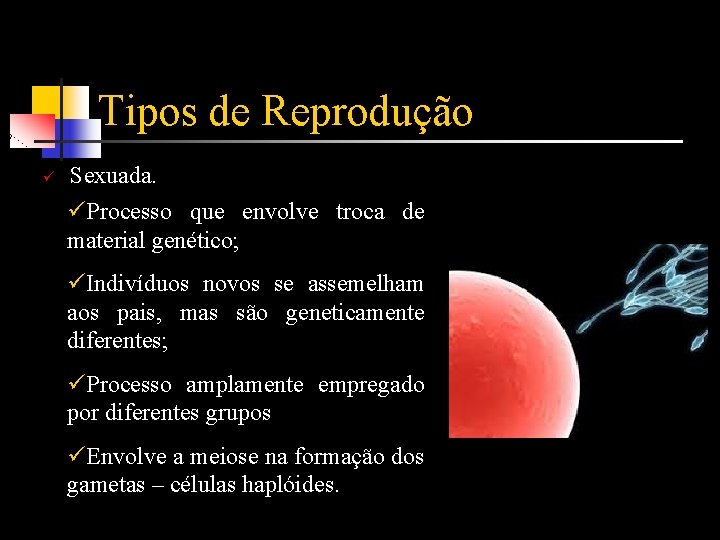 Tipos de Reprodução ü Sexuada. üProcesso que envolve troca de material genético; üIndivíduos novos